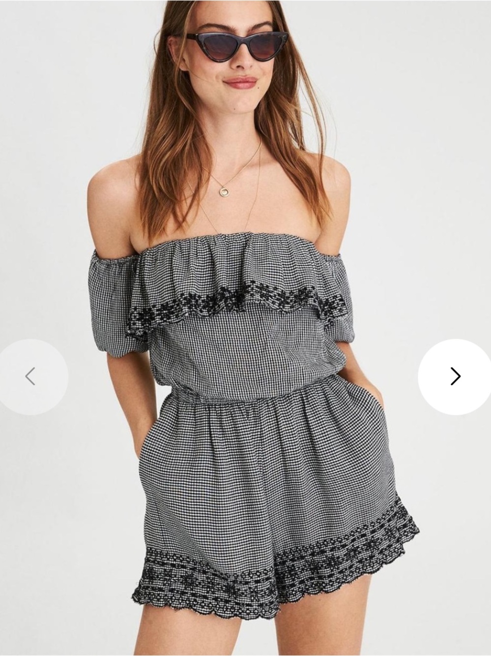 AMERICAN EAGLE WOMEN BLACK GINGHAM PUFF SLEEVE GINGHAM SHORTS ROMPER Sz L